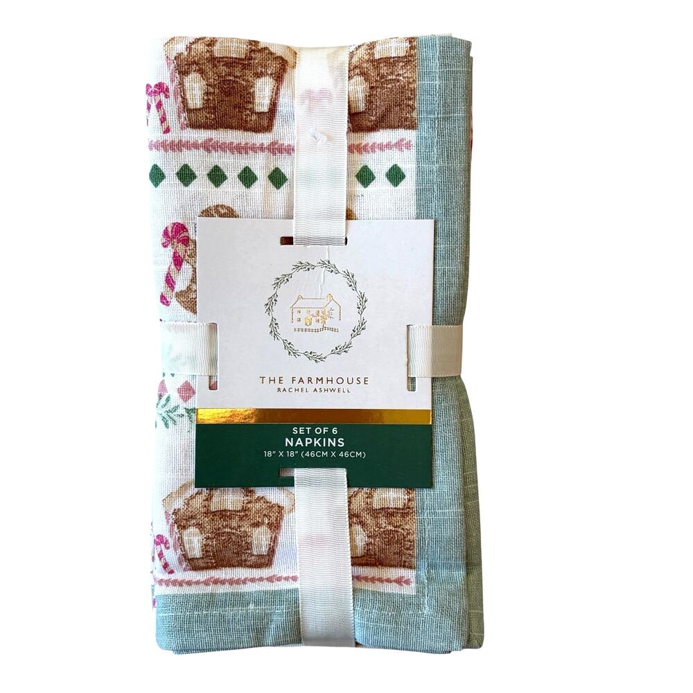 Rachel Ashwell Gingerbread House Cotton Napkin Set of 6 Shabby Chic Holiday NEW